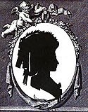 П. А. Потёмкина, урождённая Закревская. Силуэт из издания «Двор императрицы Екатерины II, её сотрудники и приближенные». 1799. Вырезка из чёрной бумаги, офорт (обрамление)
