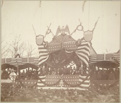 President Garfield in reviewing stand, viewing inauguration ceremonies, on March 4, 1881