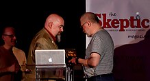 Matt Dillahunty presents Alan Henness the 2015 Event / Campaign Award for "Stop the Saatchi Bill". QED 20150425 0488.jpg