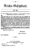 Erste Seite des Reichsgesetzblatts (RGBl. 1871, Nr. 19, S. 95)