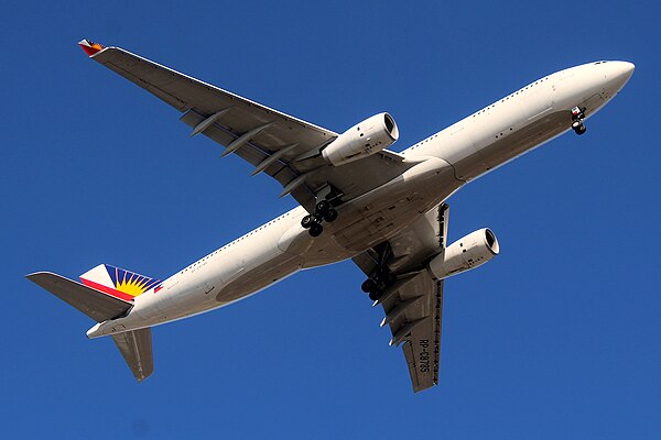 A Philippine Airlines Airbus A330-300 arrives in Francisco Bangoy International Airport.