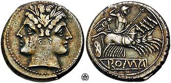 Didrachm or quadrigatus (ca. 225-212 BC), with a laureate head of Janus or the twinned Dioscuri, and Victory driving a quadriga (four-horse chariot) RSC 0024.17.jpg