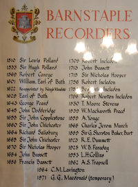 Framed list of the Recorders of the Borough of Barnstaple, displayed in the mayor's Parlour, Barnstaple RecordersOfBarnstaple Devon FramedList Mayor'sParlour.PNG