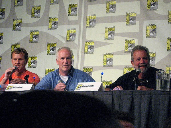 Nelson, Corbett, and Murphy, the primary actors in the Sci-Fi channel era, as part of their RiffTrax panel in 2009