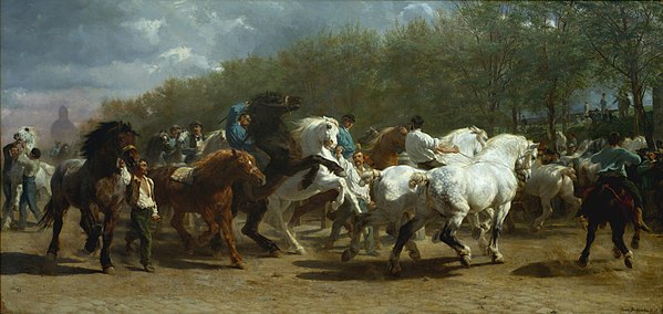 A mid-19th century painting by Rosa Bonheur, depicting a French horse fair that includes Percherons