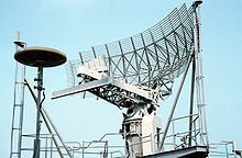 A large gray grid mounted on the top of a ship overlooking a harbor. On the seaport cars are visible, behind the radar the aft end of the frigate is visible as well as a ship docked at the pier.