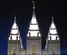 The Salt Lake Temple at night Salt Lake Temple spires.jpg