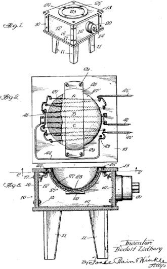 Patent illustration of a sand bath. Cutaway sections show heating elements around the bowl containing sand. Sand bath.png