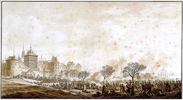 Prussian and French troops fighting in front of the Burgtor, drawing by Benjamin Zix (1806)