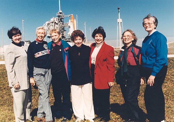 Seven surviving FLATs attending the STS-63 launch (1995).(from left): Gene Nora Jessen, Wally Funk, Jerrie Cobb, Jerri Sloan Truhill, Sarah Ratley, My