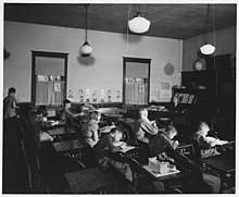 The inside of an American schoolhouse, in Shelby County, Iowa in 1941 Shelby County, Iowa. The general attitude in this community about education is that every child shou . . . - NARA - 522410.jpg