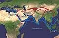 連接歐洲與東亞的絲綢之路，紅色為陸路，藍色為海路