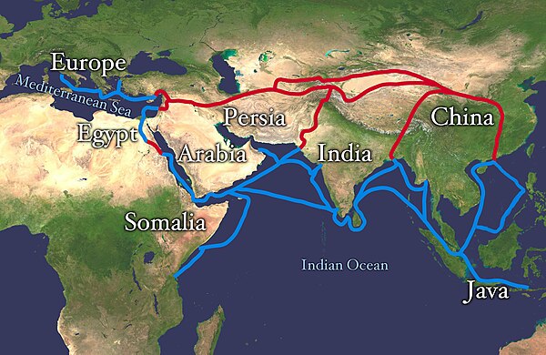 Ancient Silk Road map showing the then trade routes. The spice trade was mainly along the water routes (blue).