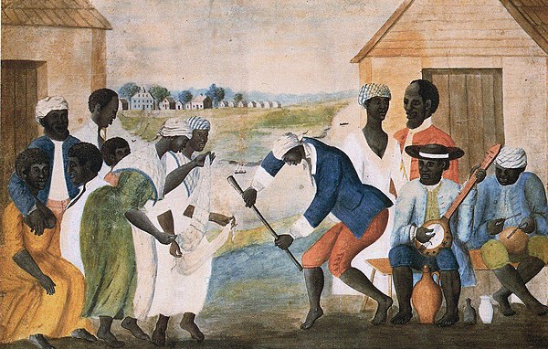 The Old Plantation, c.1790, shows African American slaves playing a banjo-like instrument, probably in Beaufort County, South Carolina