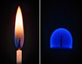 Une comparaison entre la combustion d'une bougie sur Terre (à gauche) et dans un environnement de microgravité, comme celui trouvé sur l'ISS (à droite).