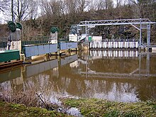 The sluice gates which control the water supply to Stonebyres power station Stonebyres Sluicegates - geograph.org.uk - 143023.jpg