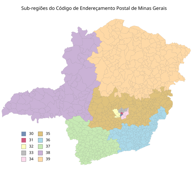 Mapa das sub-regiões de CEP de Minas Gerais