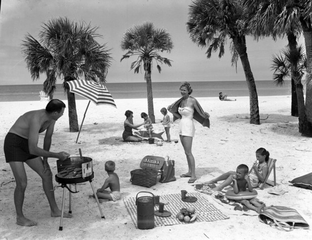 A family at the beach on Longboat Key in 1958