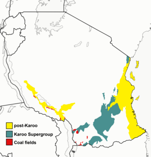 The distribution of Karoo Supergroup formations and coal fields in Southern Tanzania Tanzania map Karoo and coal.png