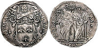 Barberini coat-of-arms (three bees) surmounted by papal tiara and crossed keys on a coin struck for Pope Urban VIII. Testone UrbanoVIII.jpg