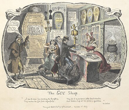 George Cruikshank's engraving of The Gin Shop (1829).