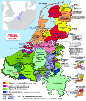 Țările de Jos după Războiul de optzeci de ani. Geldern-ul Spaniol este indicat ca "Upper Gelders"