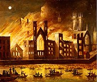 Le Houses of Parliament in fiamme, viste dalla riva sud del Tamigi;  gli spettatori sono saliti sulle barche sul Tamigi per avere una vista migliore.