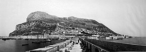 Panoramic photograph of the Rock of Gibraltar taken from Devil's Tongue Battery in 1879 The Rock from Devil's Tongue 1879.jpg