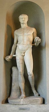 Statue of Titus modelled after the Doryphoros of Polykleitos, 79-81 AD, Vatican Museums Torso di doriforo di policleto con ritratto di tito, 79-81 dc..JPG