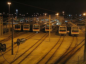 A-series trains stored at the Claisebrook railway depot. Transperth Claisebrook Railway Depot Night.jpg