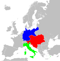 Német Császárság (kék), Osztrák–Magyar Monarchia (piros), Olaszország (zöld)