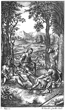 Engraving for Dryden's Virgil, 1709: "Ho, Groom, what Shepherd [sic] owns those ragged Sheep?" (1) Virgil translated by Dryden (1709)-volume 1-sheet 139.png
