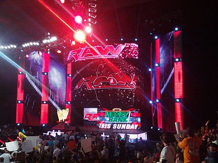 WWE Raw stage set used July 30, 2012-July 18, 2016. The scratch WWE logo podium shown here was replaced with the WWE Network logo on the Raw after SummerSlam 2014. A bigger version was used on the Raw 1000 episode on July 23, 2012