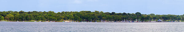 The northeastern shore of the lake, with marina