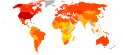 Map of average daily dietary energy availability per capita in 2006-2008.
.mw-parser-output .refbegin{font-size:90%;margin-bottom:0.5em}.mw-parser-output .refbegin-hanging-indents>ul{margin-left:0}.mw-parser-output .refbegin-hanging-indents>ul>li{margin-left:0;padding-left:3.2em;text-indent:-3.2em}.mw-parser-output .refbegin-hanging-indents ul,.mw-parser-output .refbegin-hanging-indents ul li{list-style:none}@media(max-width:720px){.mw-parser-output .refbegin-hanging-indents>ul>li{padding-left:1.6em;text-indent:-1.6em}}.mw-parser-output .refbegin-columns{margin-top:0.3em}.mw-parser-output .refbegin-columns ul{margin-top:0}.mw-parser-output .refbegin-columns li{page-break-inside:avoid;break-inside:avoid-column}
.mw-parser-output .legend{page-break-inside:avoid;break-inside:avoid-column}.mw-parser-output .legend-color{display:inline-block;min-width:1.25em;height:1.25em;line-height:1.25;margin:1px 0;text-align:center;border:1px solid black;background-color:transparent;color:black}.mw-parser-output .legend-text{}
No data
<6,700 kJ (1,600 kcal)
6,700-7,500 kJ (1,600-1,800 kcal)
7,500-8,400 kJ (1,800-2,000 kcal)
8,400-9,200 kJ (2,000-2,200 kcal)
9,200-10,000 kJ (2,200-2,400 kcal)
10,000-11,000 kJ (2,400-2,600 kcal)
11,000-12,000 kJ (2,600-2,800 kcal)
12,000-13,000 kJ (2,800-3,000 kcal)
13,000-13,000 kJ (3,000-3,200 kcal)
13,000-14,000 kJ (3,200-3,400 kcal)
14,000-15,000 kJ (3,400-3,600 kcal)
>15,000 kJ (3,600 kcal) World map of energy consumption 2006-2008, from FAO Food Consumption Nutrients data.svg