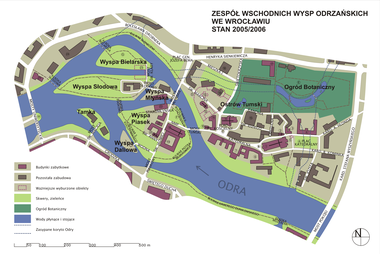 Mapa. Zaznaczono na niej rzekę Odrę we Wrocławiu oraz wyspy: Piasek, Słodową, Młyńską, Daliową, Biełarską i Tamkę. Widać również kilka ulic Ostrowa Tumskiego.