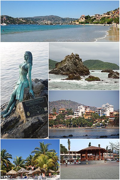 Above, from left to right: Panoramic beach 'La Ropa', Statue on the coast that represents Acapulco in Zihuatanejo, Rocks in the bay, Hotels in Playa M