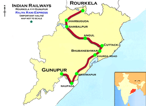 (Rourkela - Gunupur) Rajya Rani Express yo'nalishi xaritasi
