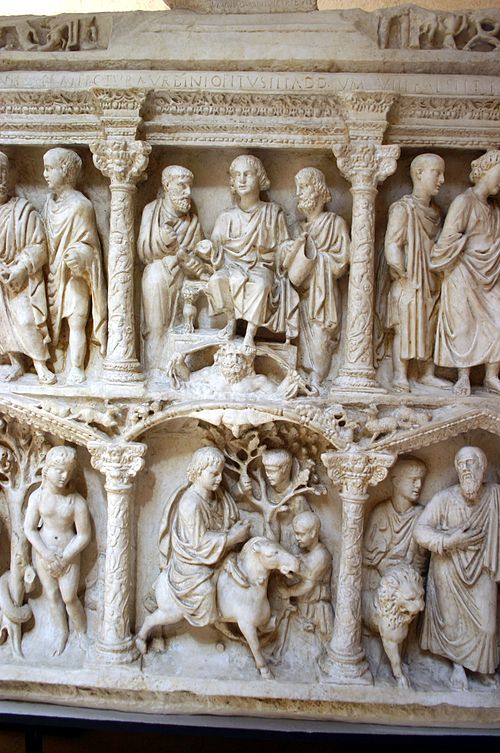 Detail - cast of the central sections of the Sarcophagus of Junius Bassus, with Traditio Legis and Jesus entering Jerusalem.