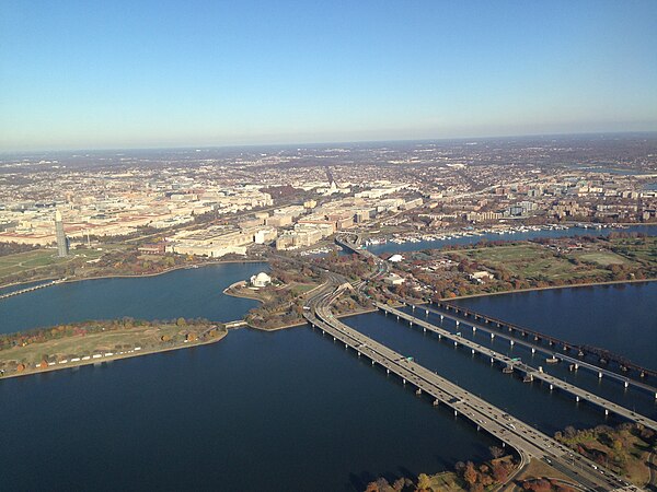 A November 2013 photo of the 14th Street bridges with East Potomac Park, the Tidal Basin and Washington Channel in the background