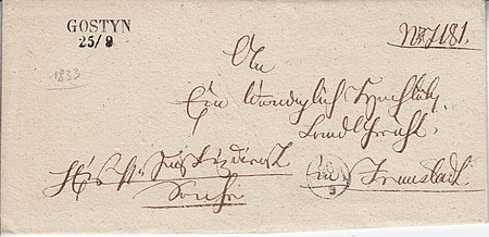 Stampless cover from Gostyn addressed to Fraustadt in 1833 1833 Poland Gostyn stampless.jpg