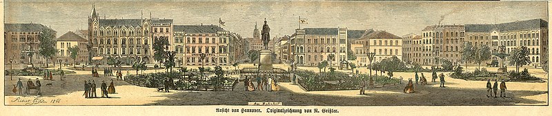 File:1866 Illustrirte Zeitung (Ausschnitt) Holzstich Am Bahnhof, Ansicht von Hannover, Ernst-August-Platz, Robert Geißler, Bildseite, altkoloriert.jpg
