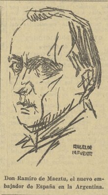 1927 caricature of Ramiro de Maeztu at El Liberal, upon his appointment as ambassador to Argentina. 1927-12-16, El Liberal, Ramiro de Maeztu.jpg