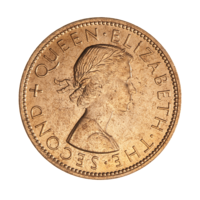 A penny featuring a bust of Elizabeth II, encircled by the text "QUEEN ELIZABETH THE SECOND"