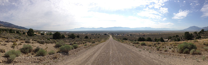 File:2014-08-09 09 34 30 Panorama of Cherry Creek, Nevada from White Pine County Route 21 just to the west, looking east, with former Nevada State Route 489 (Cherry Creek Road) visible in the distance.JPG