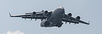 A US Air Force C-17 Globemaster III, tail 00-0171, on final approach to Kadena Air Base in Okinawa, Japan. It is assigned to the 176th Wing of the Alaska Air National Guard, and is originally from Joint Base Elmendorf–Richardson in Anchorage, Alaska.