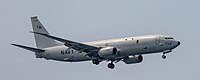 A US Navy P-8 Poseidon, tail number 168756, on final approach at Kadena Air Base in Okinawa, Japan.