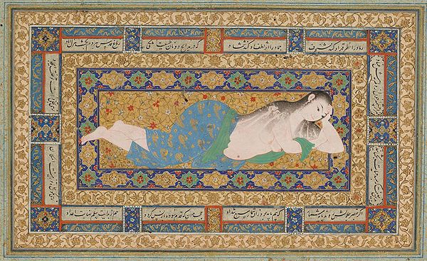 A Young Lady Reclining After a Bath, Herat 1590s, a single miniature for the muraqqa market