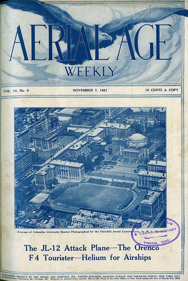 Aerial Age Nov. 7 1921, magazine cover with aerial photo of Columbia University shot by W. L. Hamilton for Fairchild Aerial Camera Corp.