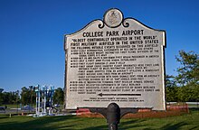 Sign showing the historical timeline of the College Park airport Airport sign College Park MD.jpg